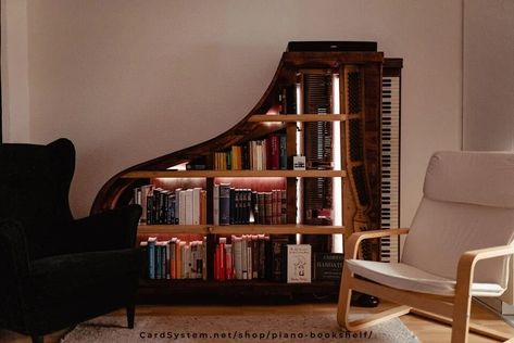 Piano Bookshelf, Build Your Own Shelves, Old Piano, Antique Piano, Beautiful Bookshelf, Old Pianos, Carpentry Diy, Diy Shelves, Something Beautiful