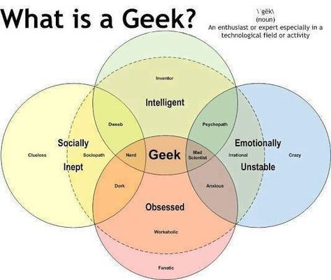 What is a geek? (Best use of a Venn diagram) Socially Inept, Crazy Scientist, Venn Diagrams, John Barrowman, Venn Diagram, Geek Life, Nerd Life, Nerd Girl, Nerd Alert