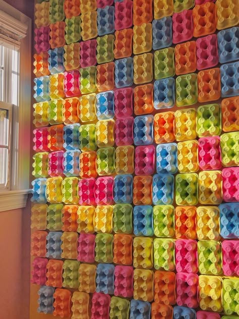 Colorful egg cartons on wall for LEGO party backdrop Painted Egg Cartons, Egg Carton Wall, Lego Panel Wall, Lego Wall Art Diy, Lego Wall Panel, Lego Painted Wall, Lego Backdrop, Giant Lego Blocks Wall, 3d Backdrop