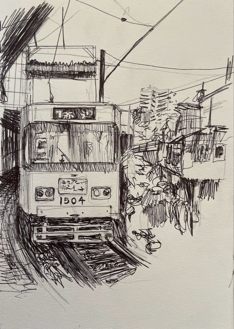 #sketch #japan #ballpointpenart #art #inspiration #tokyo #perspective #train #aesthetic Japan City Sketch, Japan Street Drawing, Train Perspective, Tokyo Sketch, Airport Drawing, Train Reference, Train Drawings, Train Sketch, Train Tattoo