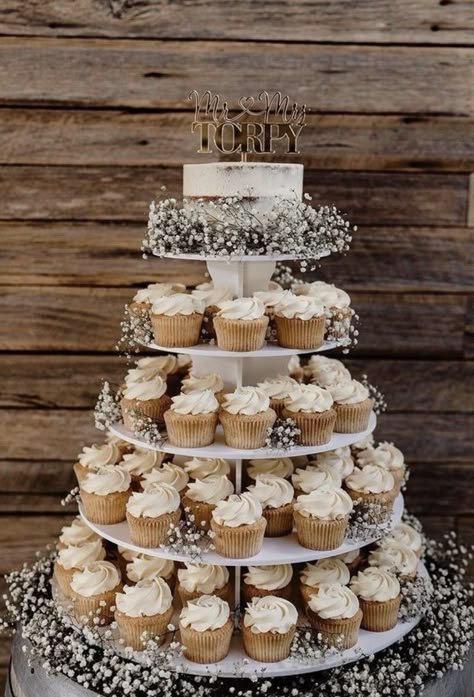 Cocktail Wedding Ideas, Wedding Cake Ideas With Cupcakes, Wedding Cocktail Food, Cupcake Wedding Cake Ideas, Cake And Cupcakes Wedding, Cupcake Engagement, Cocktail Style Wedding Reception, Wedding Cupcake Cake, Wedding Dessert Cupcakes