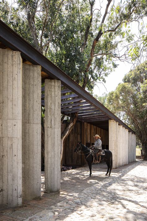 Horse Ranch Architecture, Ranch Architecture, Luxury Ranch, Double Glass Doors, Modern Ranch, Steel Columns, Horse Ranch, Horse Stables, Brick And Mortar