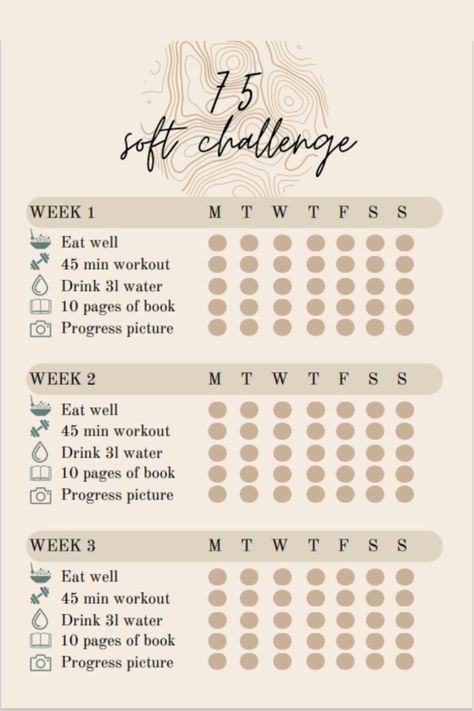 75 Soft Challenge! printable #notabilityplanner #weeklymealplannertemplate #plannerbrand✍️ Workout Log Printable, 75 Day Challenge, 75 Soft Challenge Tracker, 45 Min Workout, Habit Tracker Digital, 21 Day Fix Workouts, 75 Soft Challenge, Weekly Fitness Planner, Soft Challenge