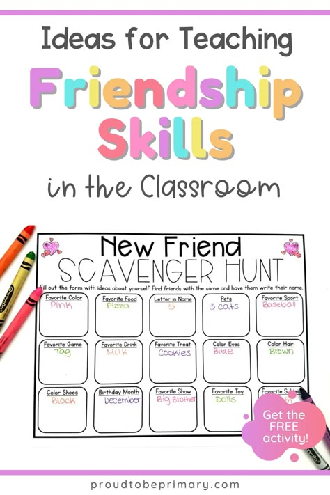 Your guide to teaching kids how to make friends and develop strong relationship skills in the elementary (kindergarten, first, second, third, fourth, and fifth grade) classroom. Find lessons, activities, and strategies, such as how to share, take turns, listen, be a good friend, and show teamwork and cooperation. Classroom friendships can be built through play, social skills lessons, and opportunities to work as a group and solve problems. Grab the free friendship scavenger hunt printable. Turn Taking Activities Kindergarten, New Friend Scavenger Hunt, Elementary Social Skills Group, Friendship Elementary Activities, Friendship Activities First Grade, Social Skills Preschool Activities, Friendship Group Activities Elementary, Friendship Group Activities, Teamwork Activities For Kindergarten