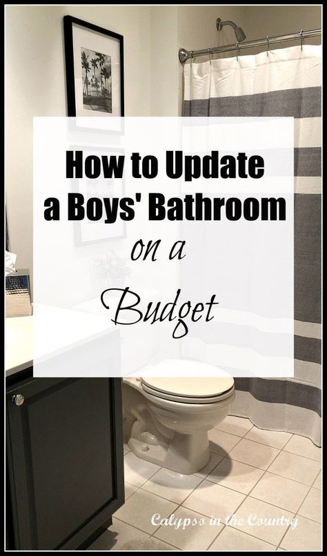 How to decorate a boys bathroom on a budget.  Simple changes using paint and accessories to transform an outdated kids bathroom to a sophisticated teen boys bathroom!  #boysbathroom #bathroomideas #bathroommakeover #makeover #makeoverideas #beforeandafter Small Male Bathroom Ideas, Teen Boys Bathroom Shower Curtain, Youth Bathroom Ideas, Guy Bathroom Decor, Man’s Bathroom, Teen Boy Bathroom Decor, Shared Bathroom Ideas For Teens, Young Adult Bathroom Ideas, Kids Bathroom Inspiration