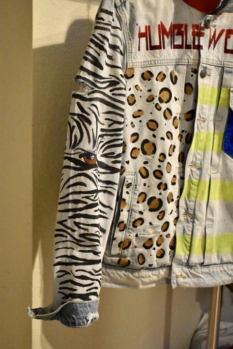 Custom Hand Painted Multi-Design One-of-a-kind Denim Jacket: Animal Print/Zebra Stripes, Neon Stripes, Blue Pocket & a Red Bottom Collar. Denim Jacket Custom Ideas, Diy Clothes Transformation, Denim Jacket Diy Paint, Denim Jacket Embroidery, Customised Denim Jacket, Custom Jean Jacket, Diy Denim Jacket, Custom Denim Jacket, Hand Painted Clothing