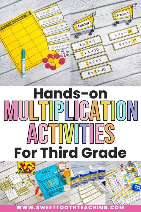 Hands on multiplication games and centers that you can use all year long in third grade! Teaching multiplication so that your students are fluent in their math facts is a HUGE part of third grade. Give your students more opportunities to succeed and master math fact fluency in 3rd grade with these multiplication games, partner activities, and small group plans! Hands On Multiplication, Centers For 3rd Grade, Multiplication Centers, Multiplication Properties, Math Intervention Activities, Third Grade Multiplication, Third Grade Activities, 3rd Grade Activities, Multiplication Activities