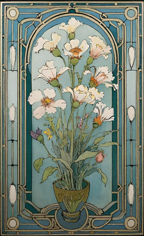 Art Nouveau 1890-1910, Art Nouveau Drawing, Art Nouveau Flowers Illustration, Vintage Botanical Wallpaper, Fiori Art Deco, Art Nouveau Botanical, Art Nouveau Wallpaper, Art Deco Flowers, Motifs Art Nouveau