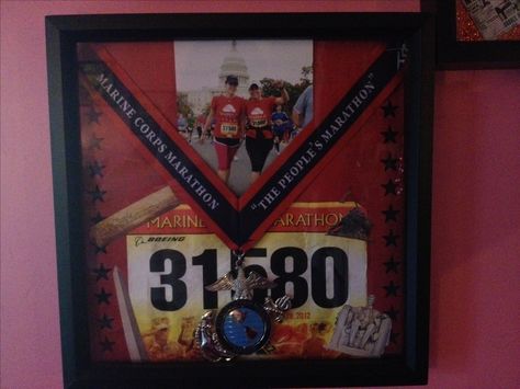 Making shadow boxes for your race medals is a fun way to display them! #running   This one is from the marine corps marathon 2012. Bib Display, Race Medal Displays, Running Medal Display, Race Medals, Run Disney Costumes, Race Medal, Cricket Projects, Race Bibs, Gifts For Hubby