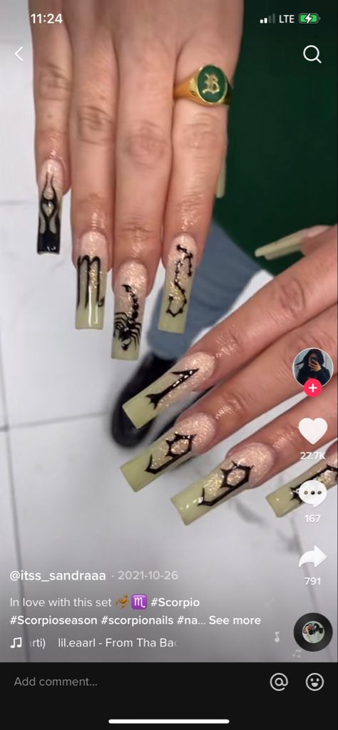 Scorpion Nails Acrylic, Scorpio Acrylic Nails Designs, Scorpio Themed Nails, Scorpio Nails Acrylic Design, Scorpio Bday Nails, Scorpio Nail Designs, Scorpio Season Nails, Scorpio Nails Designs Short, Scorpio Birthday Nails Acrylic