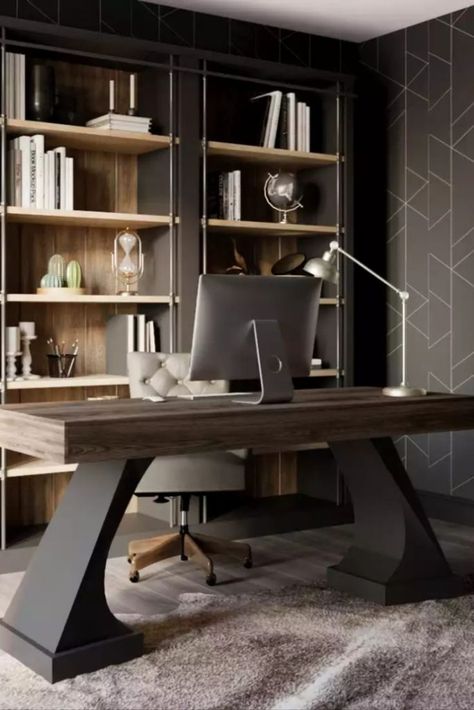 Designing the Ideal 2024 Home Office for Men: Modern, Rustic, and Executive Spaces Home Office For Men Modern, Home Office For Men Rustic, Home Offices For Men, Industrial Office Ideas, Men's Home Office, Wedding Centerpieces Vases, Man’s Office, Man Home Office, Rustic Library