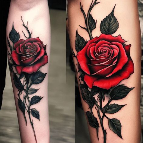 90 Rose Tattoo Ideas Created with Ai | artAIstry Red Rose Tattoo Men, Thorny Rose Tattoo, Rose Tattoo Shading, Red And Black Rose Tattoo, Black And Red Rose Tattoo, Colored Rose Tattoo, Tattoo Of Roses, Red Black Tattoo, Tattoo Ideas Japanese