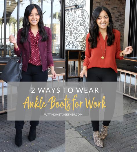 2 Ways to Wear Ankle Boots for Work Flat Ankle Boots Outfit, Dress Pants With Boots, Ankle Boots Outfit Work, Boots With Pants, Brown Ankle Boots Outfit, Ankle Boots With Jeans, Straight Leg Jeans Outfits, How To Wear Ankle Boots, Pants For Work