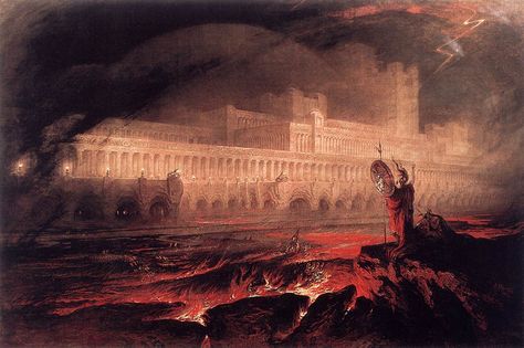 satan before his palace, pandæmonium,  the high capital – john martin, paradise lost, 1841 John Martin, Gustave Dore, His Dark Materials, Dark Lord, High Fantasy, Painting Reproductions, Fallen Angel, Narnia, Newcastle