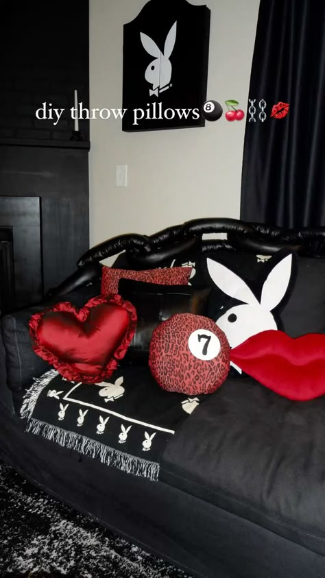 Diy throw pillows trendy y2k decor  #y2k #homedecor #8ball #edgyhomedecor Rockabilly Home Decor Diy, Black Decor Apartment, Room Ideas Red And Black, Black And Red Decor, Cute Room Diy, Cute Apartment Bedroom, Red And Black Room Decor, Diy Y2k Room Decor, Y2k Pillows