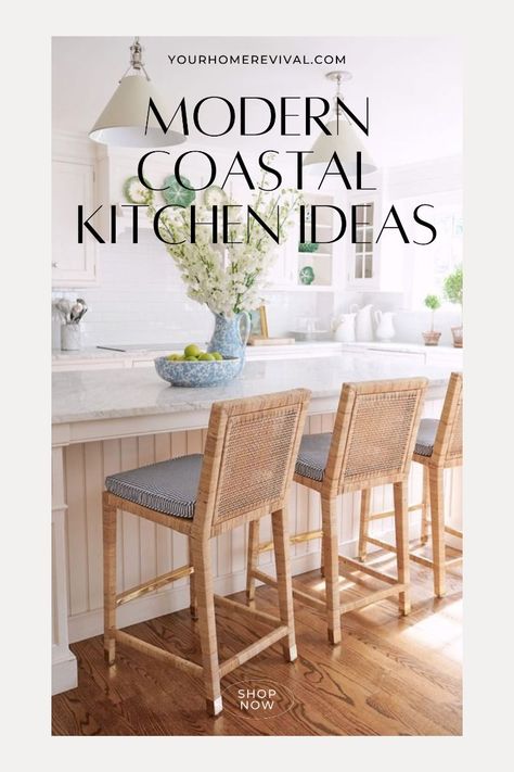 Interior Design Inspo California Coastal Kitchen, Coastal Backsplash, Coastal Kitchen Ideas, Modern Coastal Kitchen, Beautiful Backsplash, Beach Inspired Decor, Blue Backsplash, Natural Wood Flooring, Coastal Kitchen