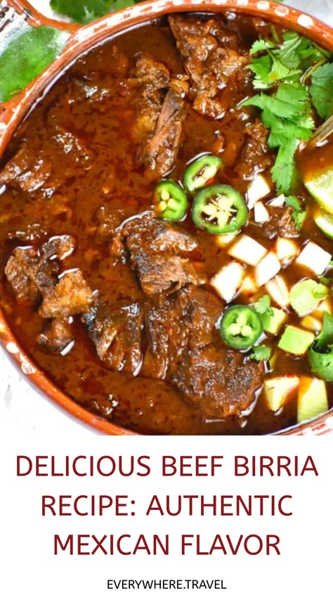 Beef birria stew topped with chopped cilantro, jalapeños, and onions. Recipes For Mexican Food, Mexico In My Kitchen Recipes, Spanish Meat Recipes, Classic Mexican Dishes, Food Ideas At Home, Mexican Food Dinner, Mexican Recipes Authentic, Shoulder Steak Recipes, Cuban Beef