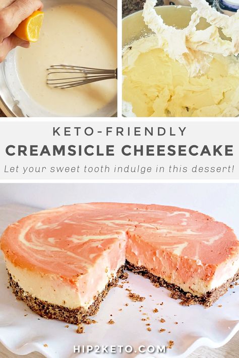 Keto Orange Creamsicle, Creamsicle Cheesecake Recipe, Orange Creamsicle Cheesecake Recipe, Orange Creamsicle Cheesecake, Low Carb Pies, Orange Cheesecake Recipes, Creamsicle Cheesecake, Keto Cheesecake Recipes, Sugar Free Cakes