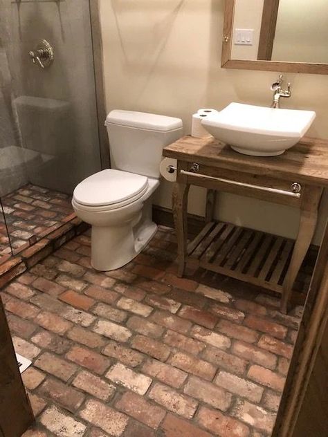 Bathroom With Brick Flooring, Rustic Tile Floor Bathroom, Brick Floors In Bathroom, Bathrooms With Brick Floors, Brick Tile Floor Bathroom, Brick Flooring Bathroom, Brick Floor In Bathroom, Brick Tile Bathroom Floor, Bathroom With Brick Floor