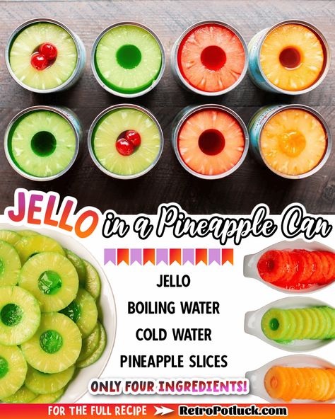 Jello in a pineapple can is a unique vintage recipe - Vintage Recipe Tin #jello #pineapple Jello Dishes, Jello Deserts, 1960s Food, Pineapple Jello, Jello Mold Recipes, Jello Dessert, Jello Salads, Jello Dessert Recipes, Dole Pineapple