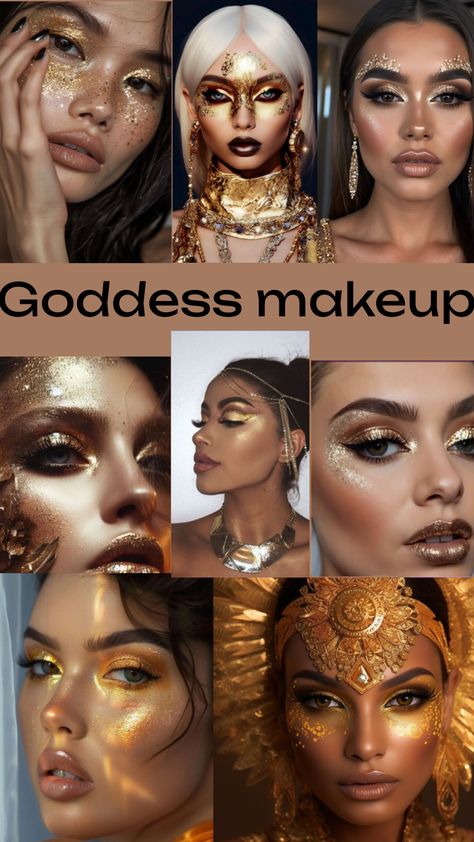 #makeup #makeupinspo #makeupideas #goddesss #gold #goddessmakeup #beautiful #glamorous #sparkles #styleinspo #beauty Goddess Makeup Halloween, Greek Goddess Makeup Look, Moon Goddess Makeup, Gold Goddess Makeup, Persephone Makeup, Aphrodite Makeup, Greek Goddess Makeup, Goddess Makeup Look, Greek Makeup