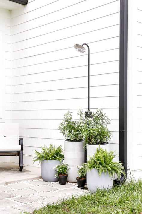 Outdoor Shower Inspiration, Diy Outdoor Shower Ideas, Domestically Blissful, Outdoor Shower Ideas, Outdoor Shower Diy, Window Seat Cushion, Natural Tile, Garden Water Feature, Farmhouse Shower