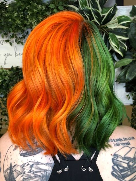 Orange And Green Hair Color, Copper And Green Hair, Ginger And Green Hair, Orange Green Hair, Green Orange Hair, Orange And Green Hair, Halloween Hair Dye, Green Hair Ombre, Dark Orange Hair