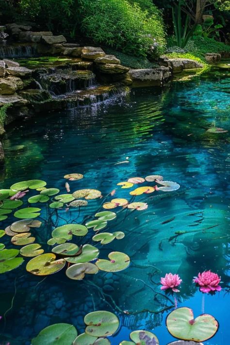 How To Make Your Pond Water Blue - Water Garden Advice Blue Pond Aesthetic, Lotus Flower In Pond, Nature Photography Water, Lotus Pond Garden, Fantasy Fountain, Clear Pond Water, Aesthetic Pond, Pond With Lily Pads, Beautiful Ponds