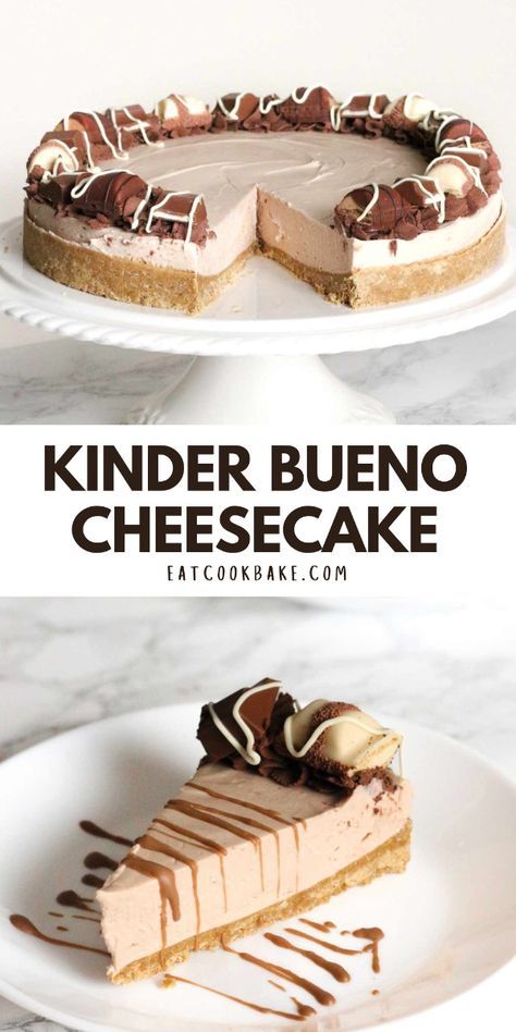 Kinder Bueno Cheesecake is perfect for all occasions. It's a no-bake Kinder cheesecake topped with Kinder Bueno and Kinder chocolate pieces. It's super easy to make and takes only 20 mins of prep time! No Bake Kinder Cheesecake, Kinder Cheesecake Recipe, Kinder Bueno Cheesecake Recipe, Cheesecake Recipes Easy No Bake, Bueno Cheesecake, Bueno Cake, Birthday Cheesecake, Cheesecake No Bake, Chocolate Pieces