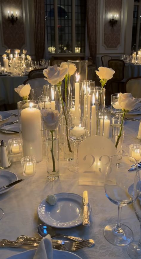 Candlelit Wedding Centerpieces, Wedding Table Decor Candles Only, Reception Table With Candles, Rose Petal Wedding Table Decor, Candlelit Wedding Reception Round Tables, Wedding Table Candle Decorations, Simple Alter Decor, No Flower Centerpieces Wedding, Sleek Wedding Decor