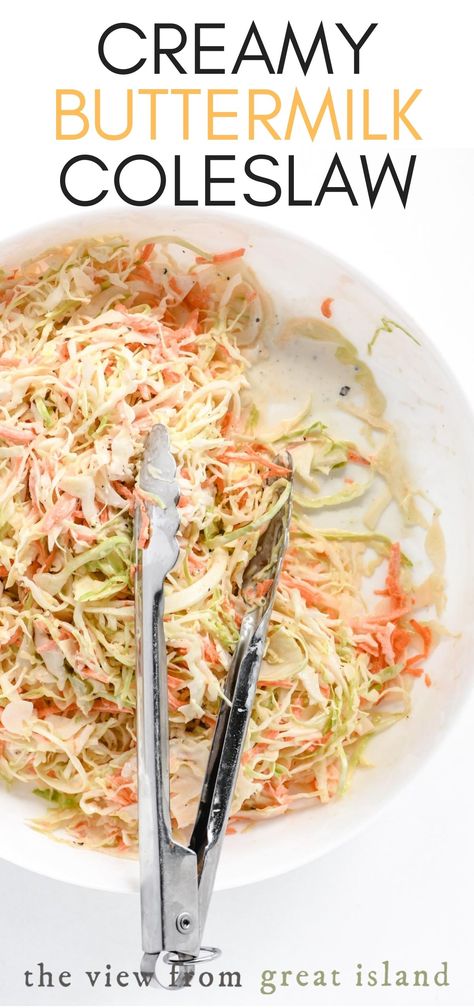 Buttermilk coleslaw is the real deal, made with a creamy old fashioned buttermilk dressing and a secret ingredient that will make your coleslaw the best on the block! This classic barbecue side dish goes with literally everything from burgers and brats to deli sandwiches and more. Buttermilk Coleslaw Dressing, Buttermilk Coleslaw Recipe, Buttermilk Coleslaw, Heart Sandwiches, Salad Coleslaw, Coleslaw Recipes, Barbecue Side Dishes, The View From Great Island, Slaw Dressing