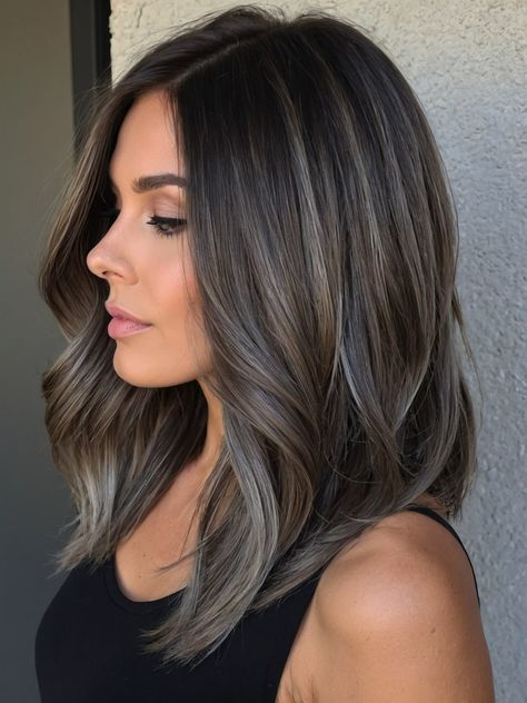 Modern Balayage Hair, Taupe Highlights On Dark Hair, Cool Ash Highlights On Dark Hair, Medium Ash Balayage, Traditional Highlights On Dark Hair, Dark Hair To Hide Gray, Cool Ashy Brown Hair Balayage, Brown Cool Balayage, Dark Brown Hair With Contrast