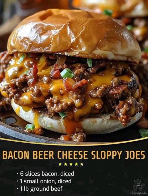 Cheese Sloppy Joes, Sloppy Joe Recipes, Beer Bacon, How To Make Bacon, Sloppy Joes Recipe, Cheesy Bacon, Bacon Cheeseburger, Sloppy Joe, Beef Recipes Easy