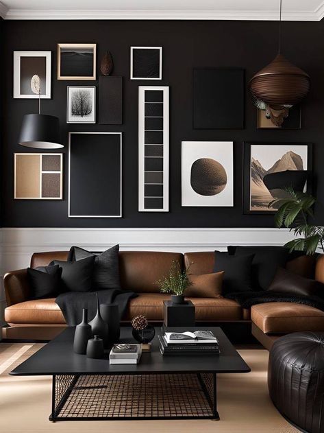 Masculine Modern Decor, Mans Living Room Decor Ideas, Masculine Home Decor Living Room, Black And Brown Boho Living Room, Home Decor For Men Masculine Interior, Modern Black And Brown Living Room, Masculine Apartment Decor, Modern Antique Decor, Leather Living Room Decor