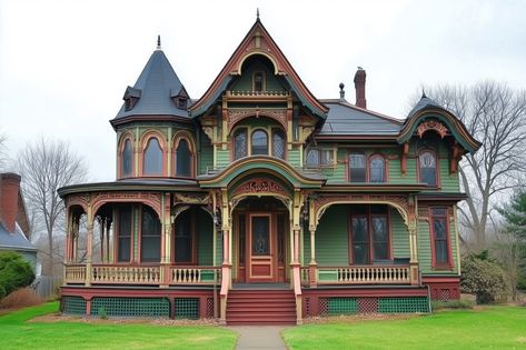 A beautifully restored Victorian-style Queen Anne house style featuring intricate architectural details, vibrant colors, and a large porch. The house has multiple gables and ornate trim, set Green Victorian House, Victorian Homes Exterior, Large Porch, Queen Anne House, Home Vibes, Victorian House, House Building, Architecture Photo, Beautiful House