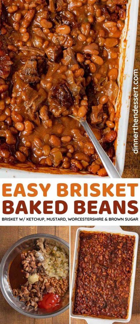 Brisket Beans Recipe, Pulled Pork Baked Beans, Brisket Dishes, Brisket Beans, Brisket Baked Beans, Christmas Brisket, Best Baked Beans Ever, Brisket Leftovers, Brisket Side Dishes