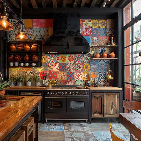 18+ Eclectic Nice Kitchen Designs for a Unique Culinary Space • 333+ Art Images Black And White Maximalist Kitchen, Colorful Eclectic Kitchen, Ranch Inspiration, Eccentric Kitchen, Apothecary Kitchen, Columns Decor, Colourful Kitchen, Nice Kitchen, Kitchen Tech