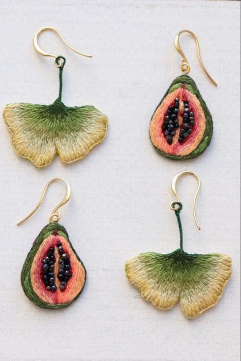 Hand embroidery fruit earrings, beaded earrings, crafts, seed bead, gold earrings, summer earrings, handmade #aesthetic #handmadejewellery #jewelry #jewelrytrends #jewelrylover #earrings #earringsforwomen #embroidery How To Make Embroidered Earrings, Artistic Jewelry Handmade, Hand Embroidered Earrings, Embroidered Earrings Diy, Hand Embroidery Fruit, Modern Embroidery Fashion, Embroidery Earring, Fabric Earrings Handmade, Embroidery Fruit