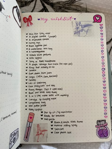 Wishlist Drawing Ideas, Birthday List Aesthetic Journal, Wish List Journal Ideas, What To Write In My Journal, What To Put In My Journal, Journal Ideas Wishlist, Bullet Journal Wishlist Ideas, Wishlist Ideas Aesthetic Journal, Journal Wishlist Ideas