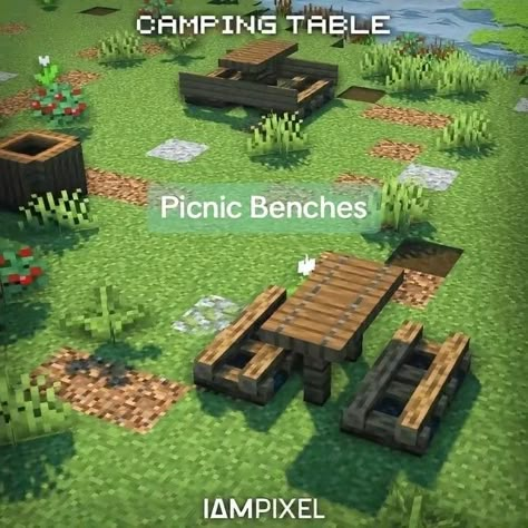 Minecraft Builds For Village, Minecraft Village Builds Ideas, Picnic Basket Minecraft, Picnic Bench Minecraft, Minecraft Sitting Area Outside, Minecraft Picnic Basket, Trash Can Minecraft, Minecraft Park Bench Ideas, Shepard House Minecraft