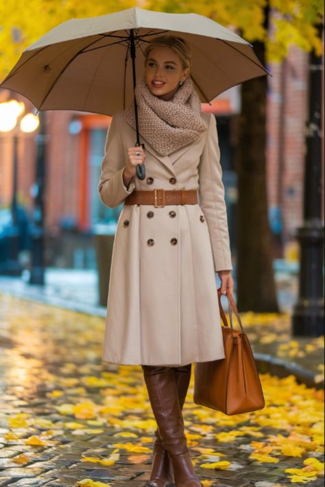 Stay stylish even on rainy days with this elegant beige trench coat and cozy knit scarf. Paired with knee-high leather boots and a classic umbrella, this look is perfect for embracing fall’s unpredictable weather while maintaining a polished, sophisticated appearance. Scarf With Trench Coat, Modest Trench Coat Outfit, Rainy Day Chic Outfit, How To Style A Trench Coat, Christian Fashion Modesty, Rainy Days Outfit, Country Fall Outfits, Rainboots Outfit, 10 Winter Outfits