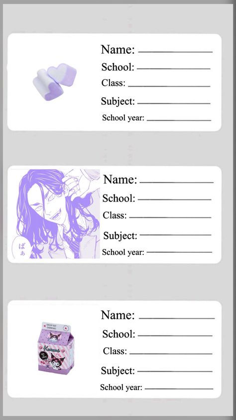 Name Stickers For School Aesthetic, Anime Name Tags Printable, Name Labels Aesthetic Printable, Anime Back, Anime Purple, Purple Names, School Name Labels, Notebook Labels, Name Tag For School