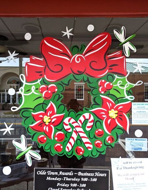 Christmas Window Painting - The Sketching Pad Retail Window Painting Ideas, Painted Window Christmas, Office Window Christmas Decor Ideas, Gnome Window Painting, Festive Window Painting, Xmas Window Painting Ideas, Cute Christmas Window Paintings, Christmas Window Art Diy, Christmas Decor Ideas Painting