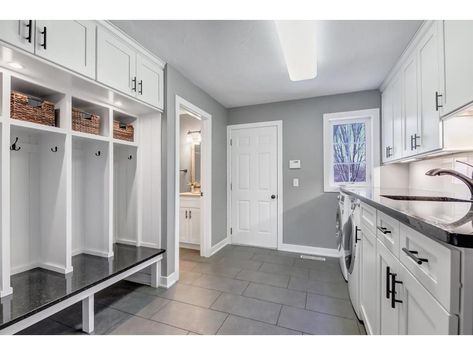 Mudroom Laundry Room Half Bath Ideas, Mudroom With Half Bath, Gray Tile Flooring, White Lockers, Laundry Remodel, Landry Room, White Built Ins, White Laundry Rooms, Gray Tile