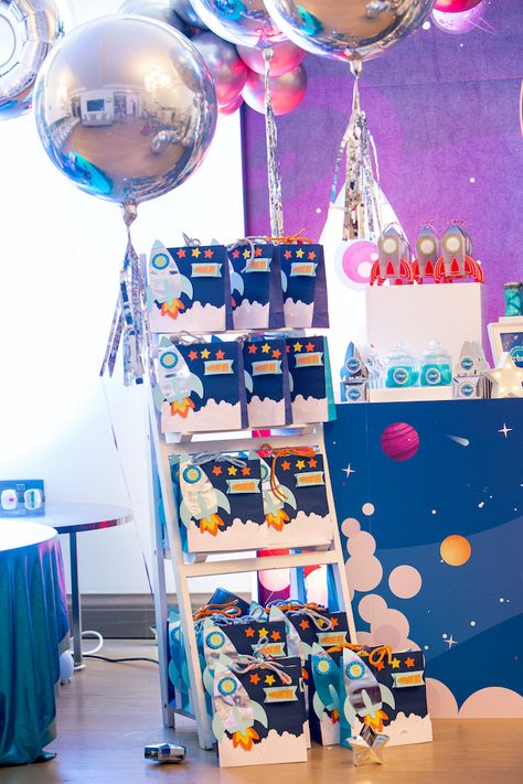 Blast Off Rocketship Favor Bags Astronaut Birthday Party Ideas, Space Themed Birthday Party, Space Party Favors, Explorer Party, Adventure Birthday Party, Vintage Party Ideas, Space Themed Birthday, Space Party Decorations, Galaxy Party