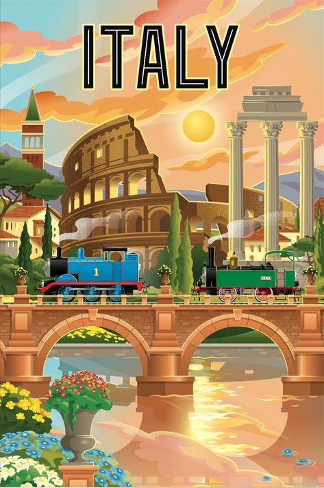 Chris Musselman Thomas the Train Italy Poster Location Poster Design Ideas, Italy Illustration Art, Italy Collage, Train Italy, Pizza In Naples, Destination Poster, Pictures Of Italy, Italy Postcard, Italy Wallpaper