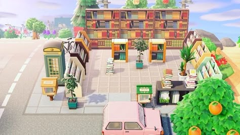 Animal Crossing Target Store Design, Acnh Bookstore, Beach Stall Acnh, Beach Cafe Acnh, Acnh Beach Coffee Shop, Acnh Book Store, Animal Crossing Surf Shop, Animal Crossing Beach Cafe, Animal Crossing Book Store