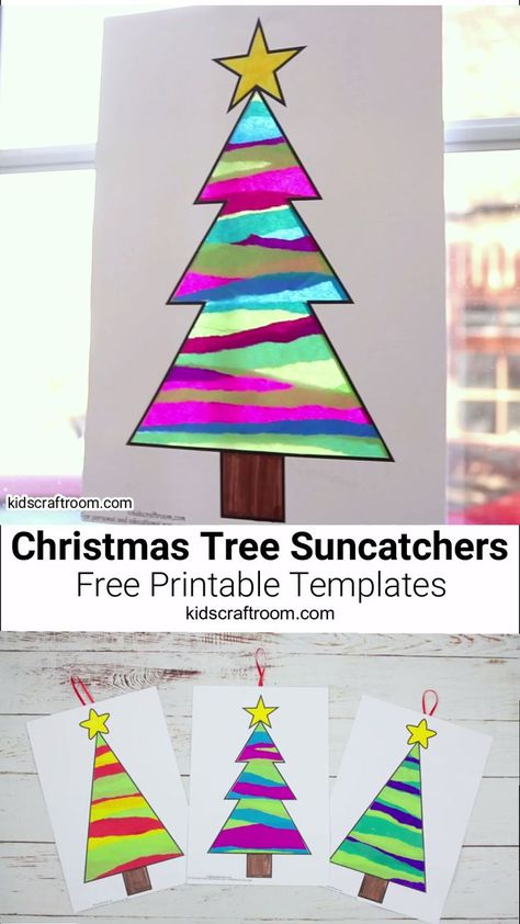 This Tissue Paper Christmas Tree Suncatcher Craft is such a pretty Christmas craft for kids. Easy to make with the free printable templates and layers of torn tissue paper. When the light shines through them the colours look amazing, like stained glass! A lovely Christmas suncatcher craft for little and big kids with lots of fun paper tearing to build fine motor skills. #kidscraftroom #Christmascrafts #christmas #suncatchers #suncatcher #christmastree #papercrafts #tissuepaper #kidscrafts Christmas Suncatchers, Craft For Kids Easy, Kids Craft Room, Christmas Art Projects, Suncatcher Craft, Prom Season, Formal Hair, Christmas Crafts For Kids To Make, Fun Christmas Crafts