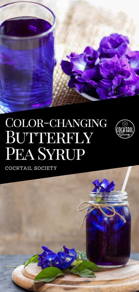 Butterfly pea flowers are a brilliant way to add some color to your drinks. The dark blue flower reacts with acidic elements and our homemade syrup can turn your cocktail into something really magical. #Magic #Colorchanging #Butterflypea #butterflypeasyrup #bluecocktail #pinkcocktail #cocktail #syrup #syruprecipe #cocktailrecipe Flower Syrup, Homemade Simple Syrup, Dried Butterfly, Butterfly Pea Flowers, Simple Syrup Recipe, Butterfly Pea Tea, Butterfly Pea Flower Tea, Fruit Juice Recipes, Tea Drink Recipes