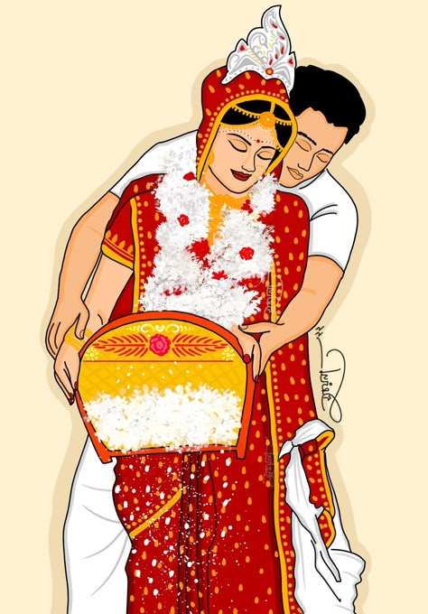 Bengali Wedding Couple Cartoon, Bengali Bride Cartoon, Bengali Bride And Groom Cartoon, Bengali Bride Illustration, Bengali Wedding Painting, Bengali Wedding Illustration Art, Bengali Bride Drawing, Bengali Bride Groom Illustration, Bengali Couple Illustration Drawing